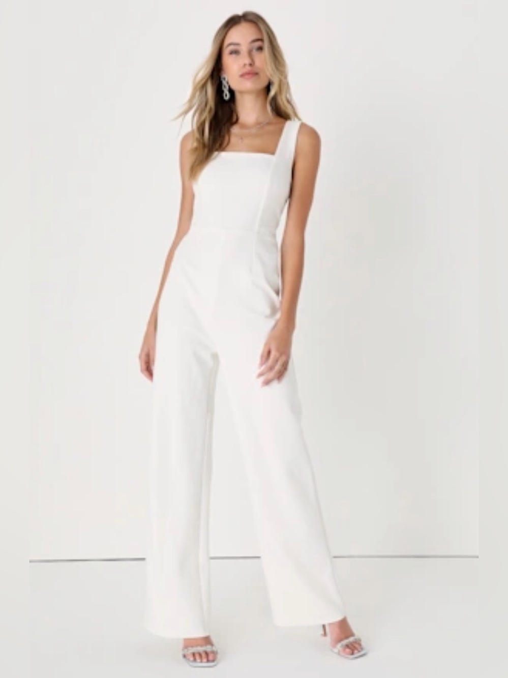 NWT Lulus white pant jumpsuit wide leg square neck size large pant suit